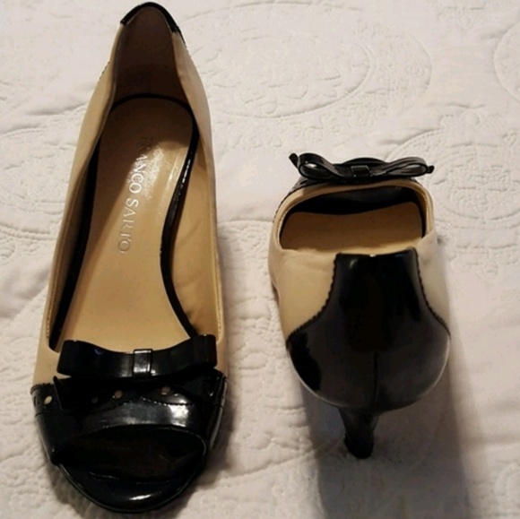 Franco Sarto-Leather Peep‎ Toe Black & Cream Heels - Picture 4 of 7